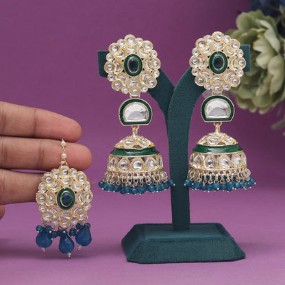 Turquoise Blue Color Kundan Earrings With Maang Tikka (KDTE555TBLU) - preyans.com