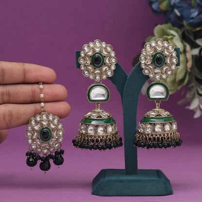 Black Color Kundan Earrings With Maang Tikka (KDTE556BLK) - preyans.com