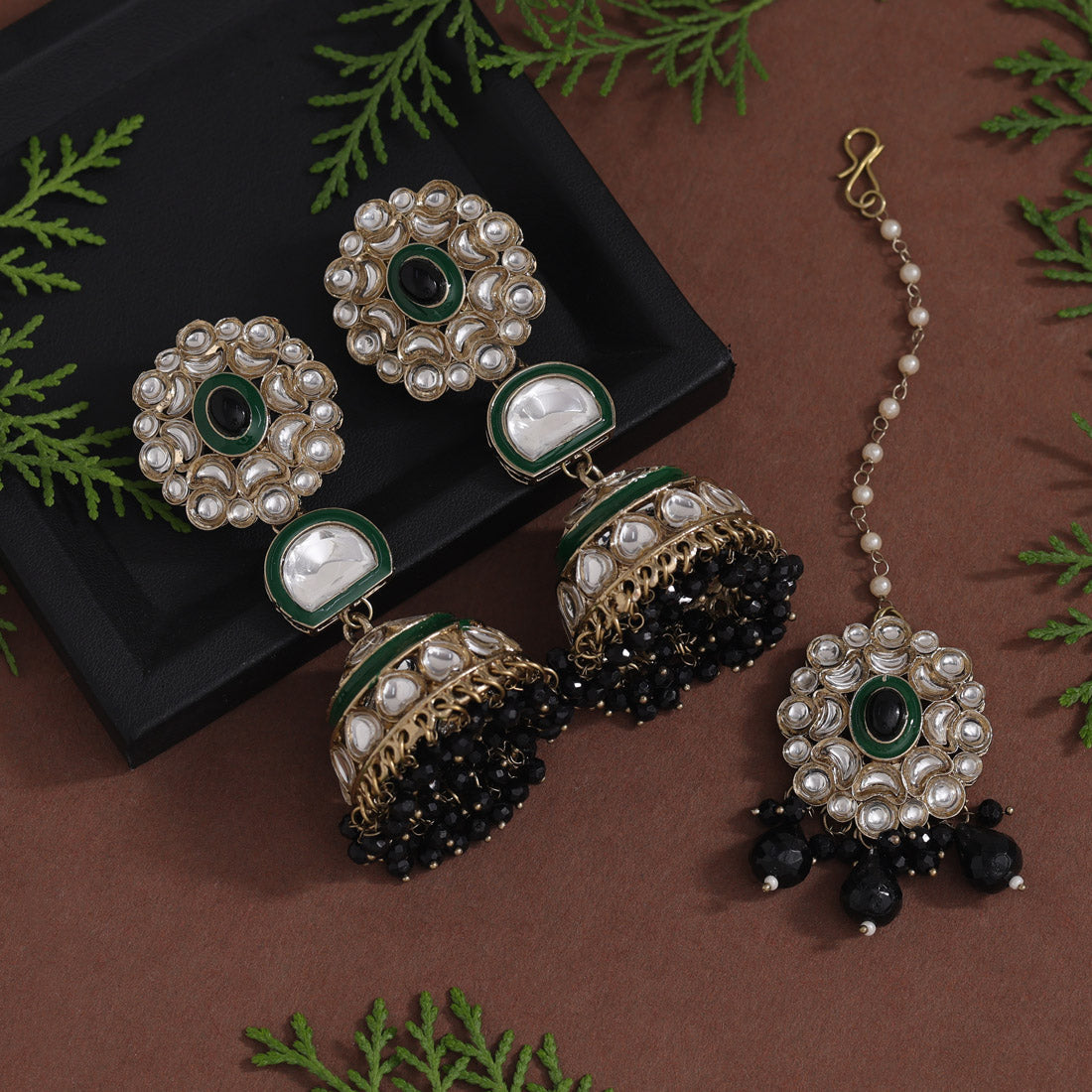 Black Color Kundan Earrings With Maang Tikka (KDTE556BLK) - preyans.com