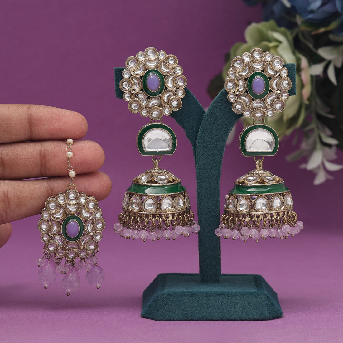 Light Purple Color Kundan Earrings With Maang Tikka (KDTE556LPRP) - preyans.com