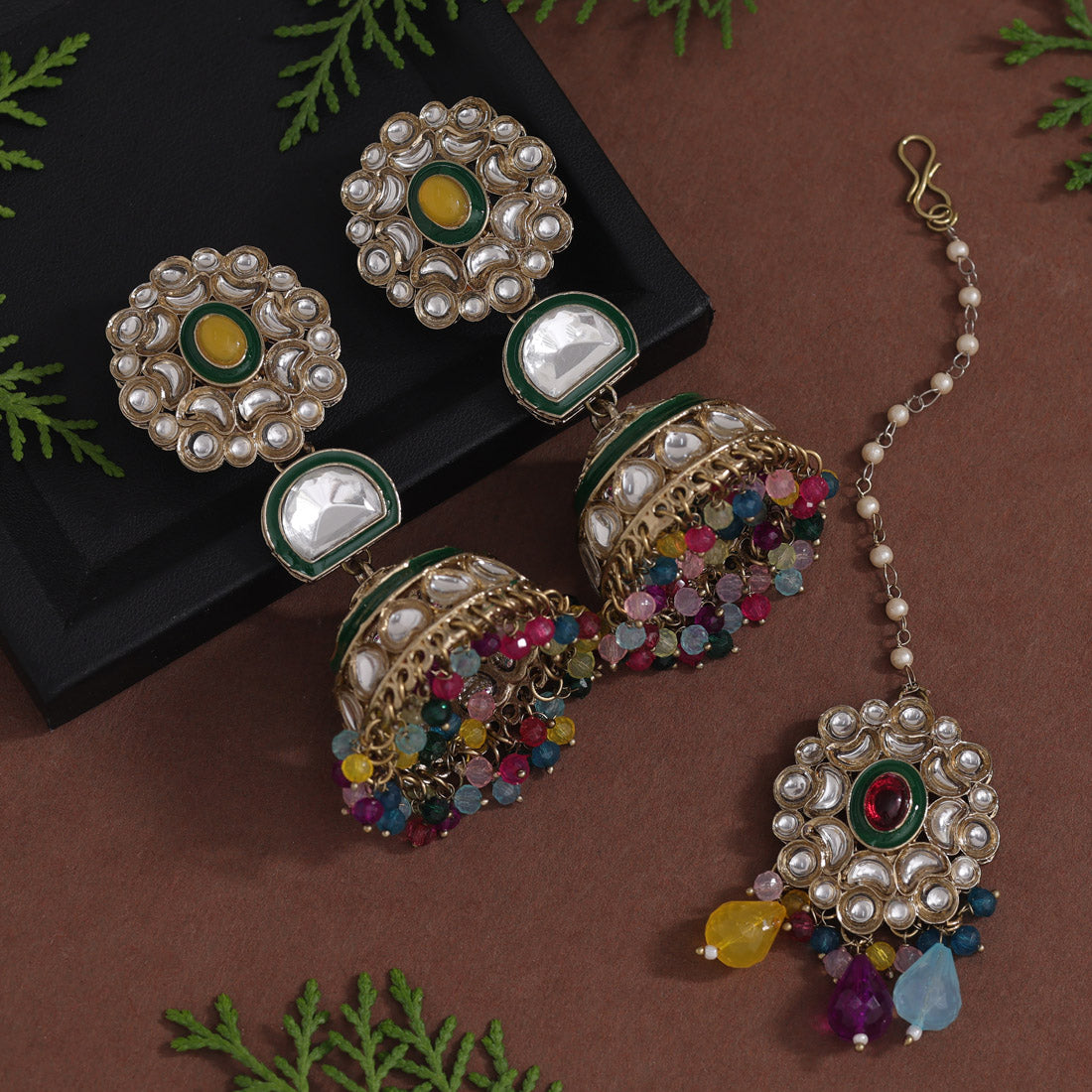 Multi Color Kundan Earrings With Maang Tikka (KDTE556MLT) - preyans.com