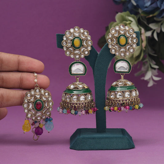 Multi Color Kundan Earrings With Maang Tikka (KDTE556MLT) - preyans.com