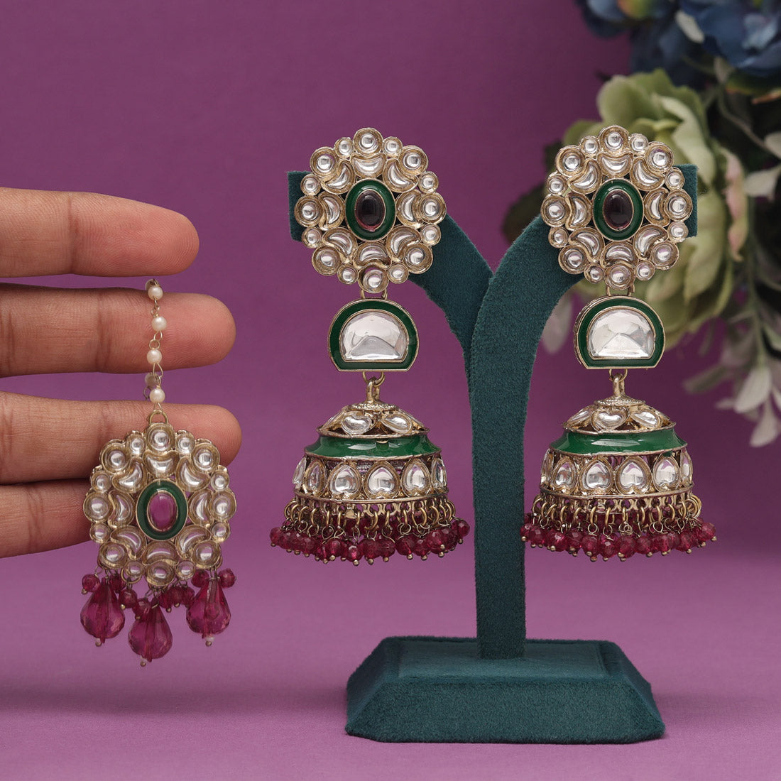 Magenta Color Kundan Earrings With Maang Tikka (KDTE556MNT) - preyans.com