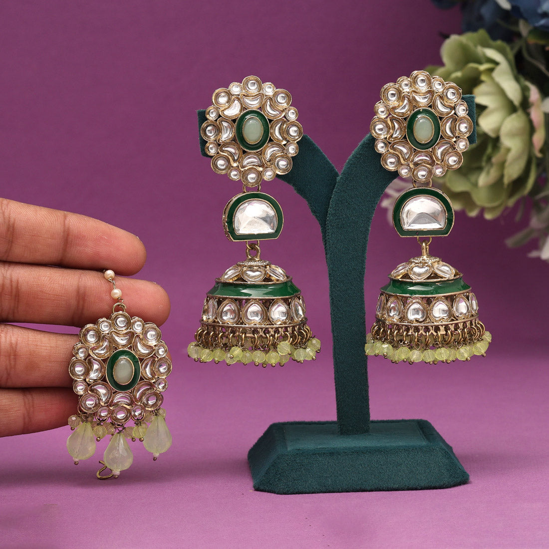 Pista Green Color Kundan Earrings With Maang Tikka (KDTE556PGRN) - preyans.com