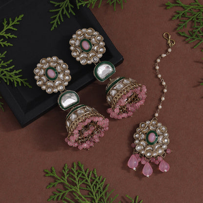 Pink Color Kundan Earrings With Maang Tikka (KDTE556PNK) - preyans.com