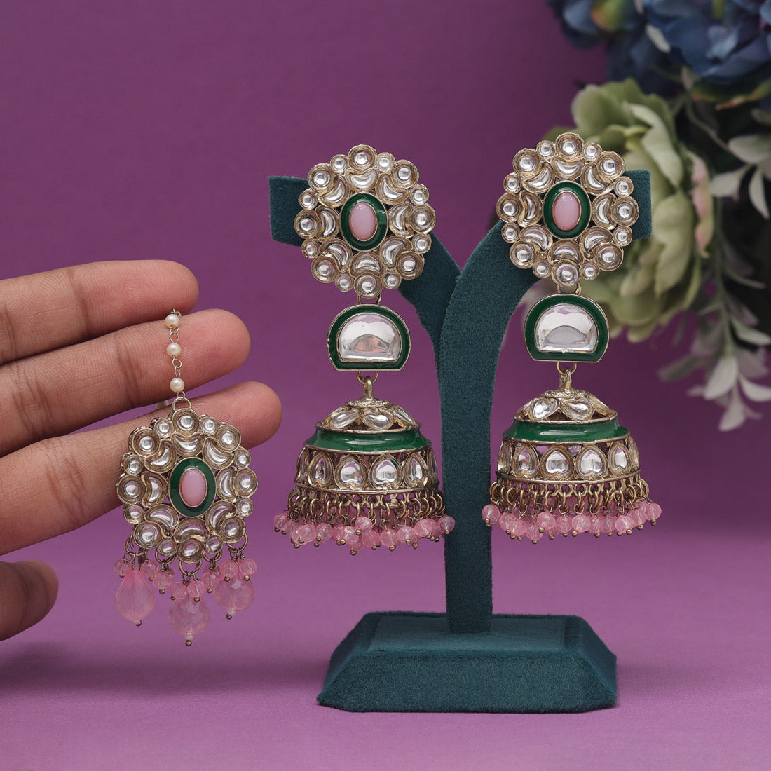 Pink Color Kundan Earrings With Maang Tikka (KDTE556PNK) - preyans.com