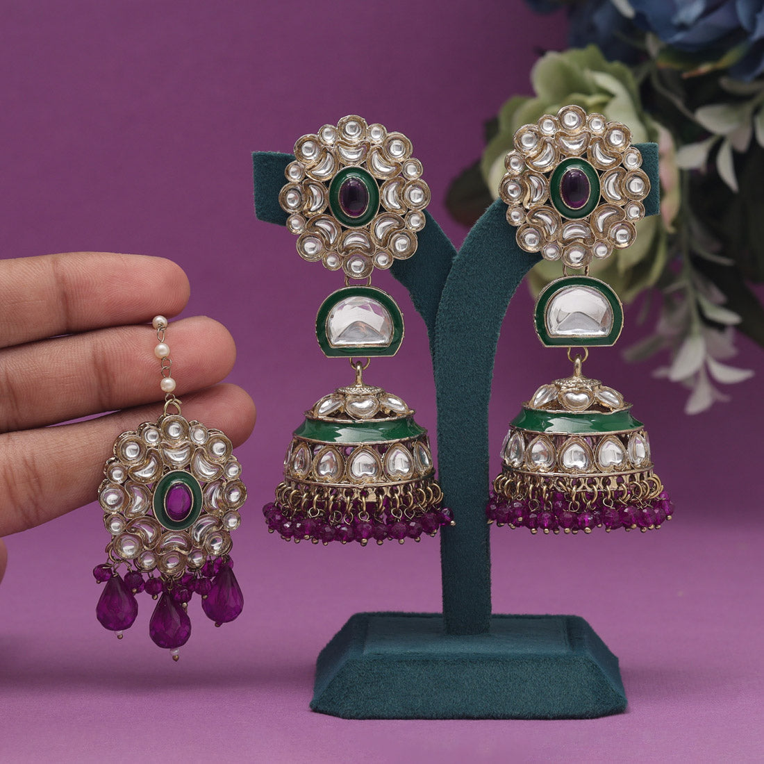 Purple Color Kundan Earrings With Maang Tikka (KDTE556PRP) - preyans.com