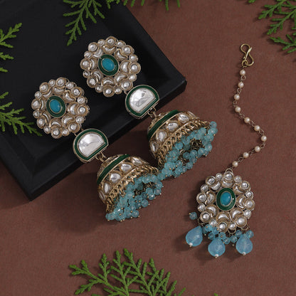 Sky Blue Color Kundan Earrings With Maang Tikka (KDTE556SBLU) - preyans.com