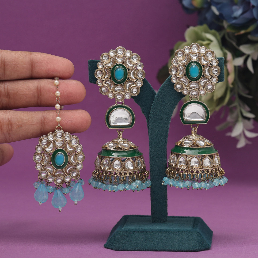 Sky Blue Color Kundan Earrings With Maang Tikka (KDTE556SBLU) - preyans.com