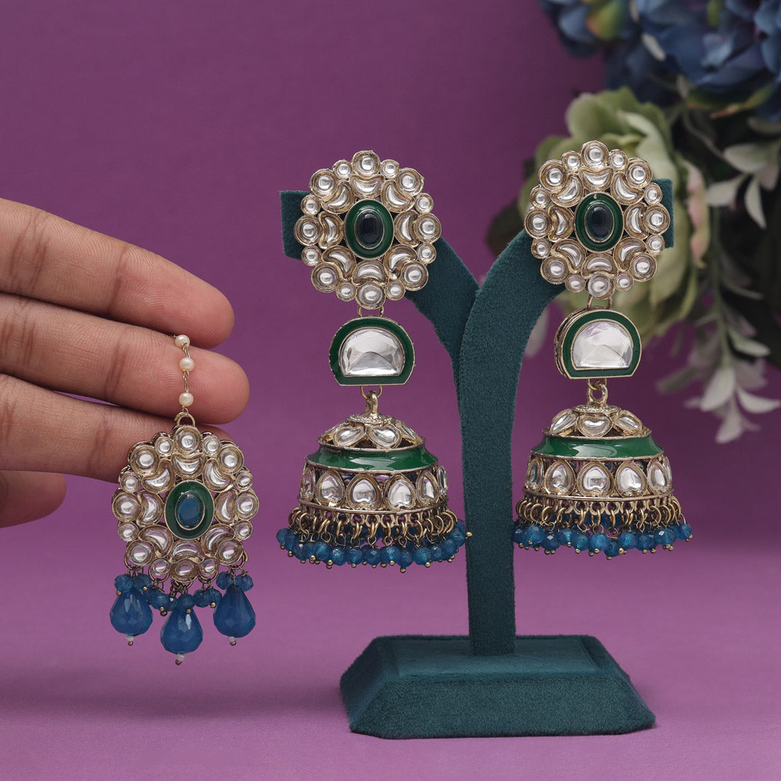 Turquoise Blue Color Kundan Earrings With Maang Tikka (KDTE556TBLU) - preyans.com