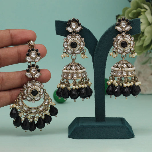 Black Color Kundan Earrings With Maang Tikka (KDTE557BLK) - preyans.com