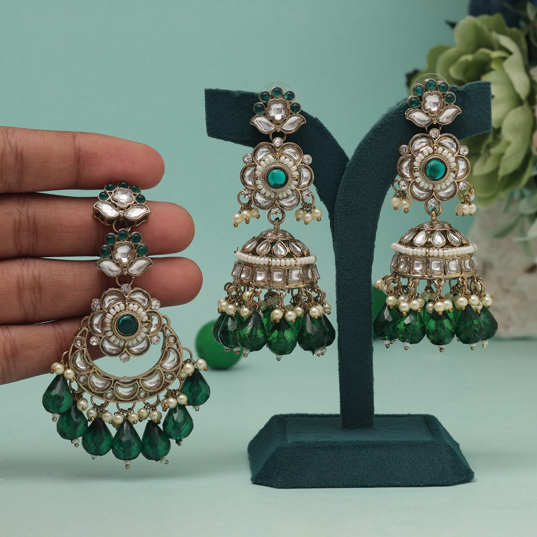 Green Color Kundan Earrings With Maang Tikka (KDTE557GRN) - preyans.com