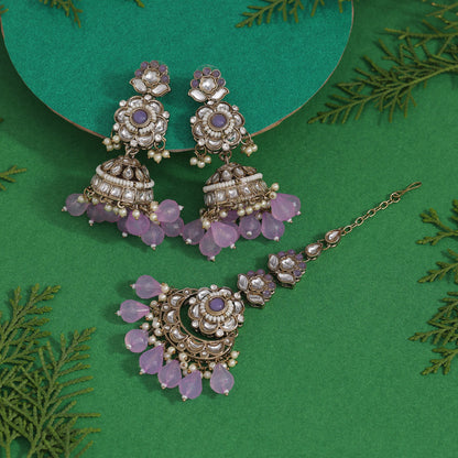 Light Purple Color Kundan Earrings With Maang Tikka (KDTE557LPRP) - preyans.com