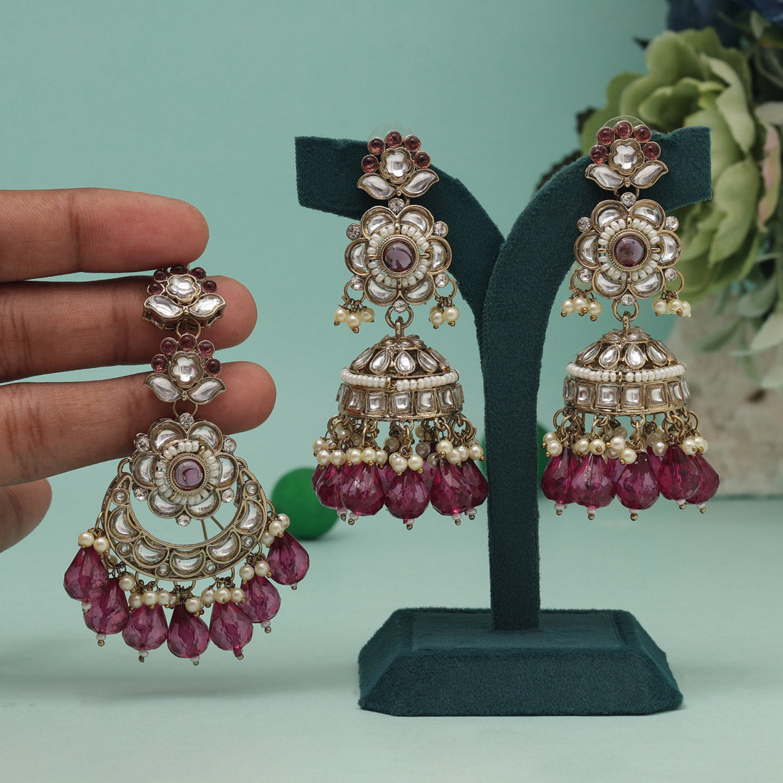 Magenta Color Kundan Earrings With Maang Tikka (KDTE557MNT) - preyans.com