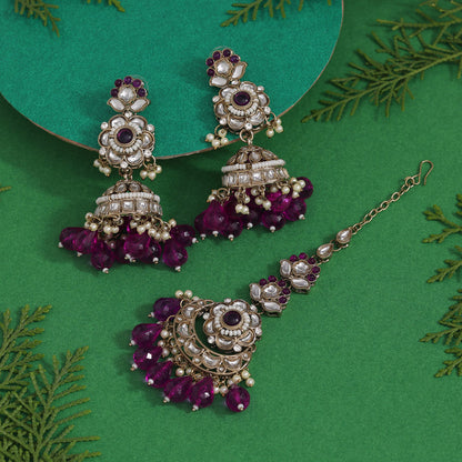 Purple Color Kundan Earrings With Maang Tikka (KDTE557PRP) - preyans.com