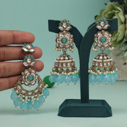 Sky Blue Color Kundan Earrings With Maang Tikka (KDTE557SBLU) - preyans.com