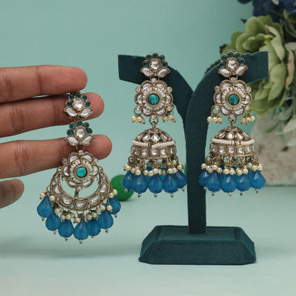 Turquoise Blue Color Kundan Earrings With Maang Tikka (KDTE557TBLU) - preyans.com