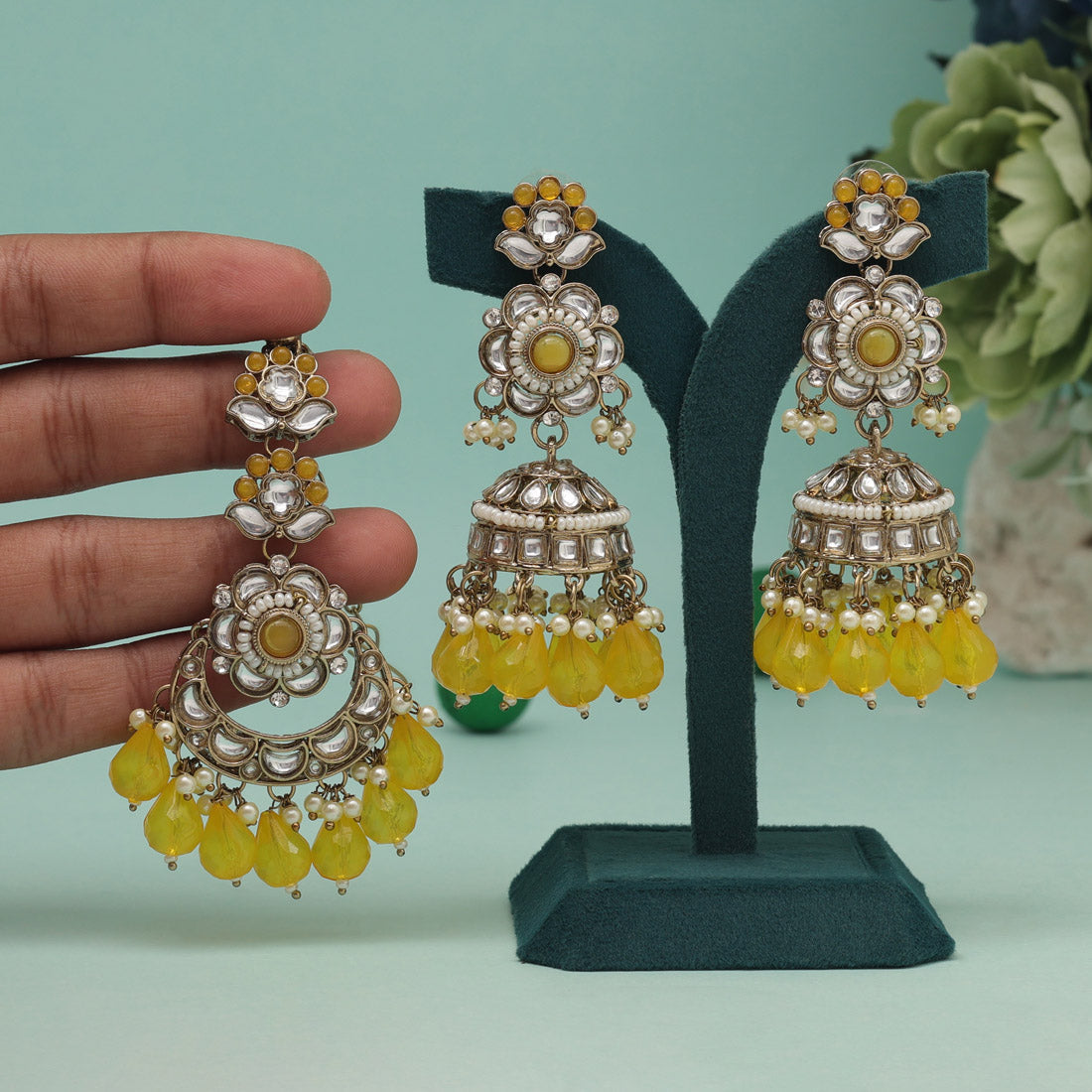 Yellow Color Kundan Earrings With Maang Tikka (KDTE557YLW) - preyans.com