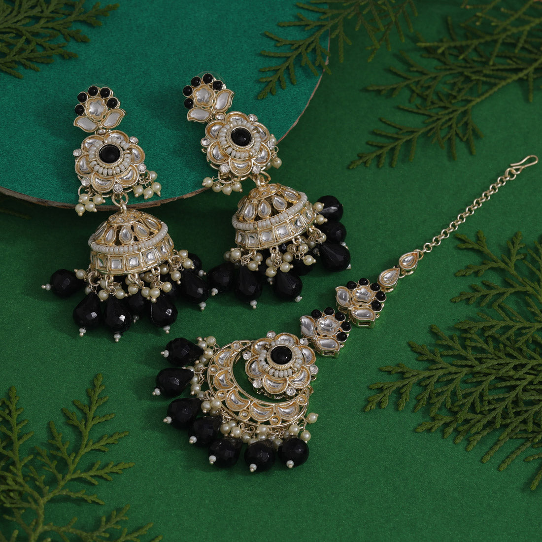 Black Color Kundan Earrings With Maang Tikka (KDTE558BLK) - preyans.com