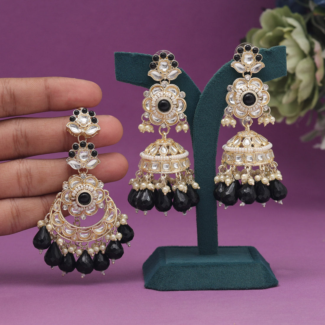 Black Color Kundan Earrings With Maang Tikka (KDTE558BLK) - preyans.com