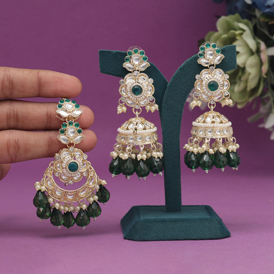 Green Color Kundan Earrings With Maang Tikka (KDTE558GRN) - preyans.com