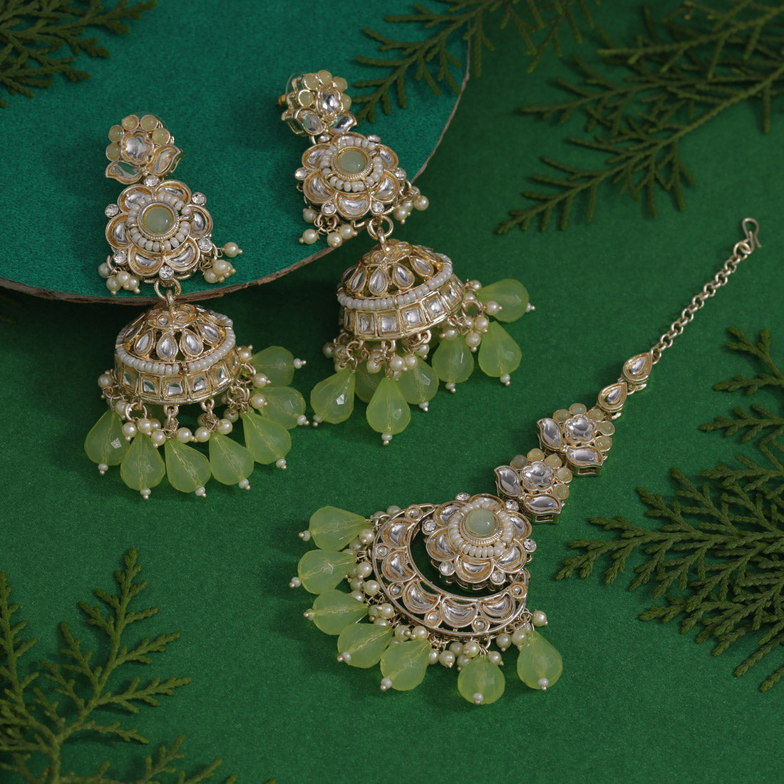 Pista Green Color Kundan Earrings With Maang Tikka (KDTE558PGRN) - preyans.com