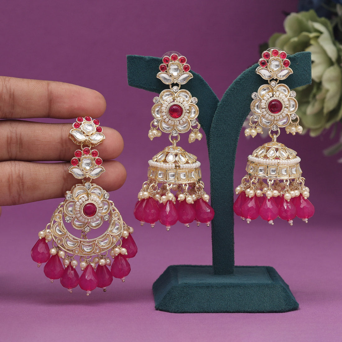 Rani Color Kundan Earrings With Maang Tikka (KDTE558RNI) - preyans.com