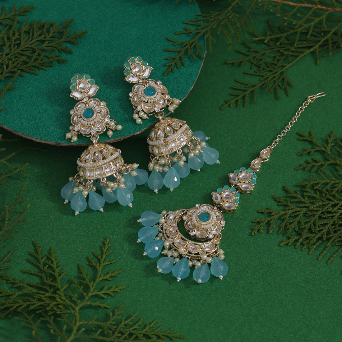 Sky Blue Color Kundan Earrings With Maang Tikka (KDTE558SBLU) - preyans.com