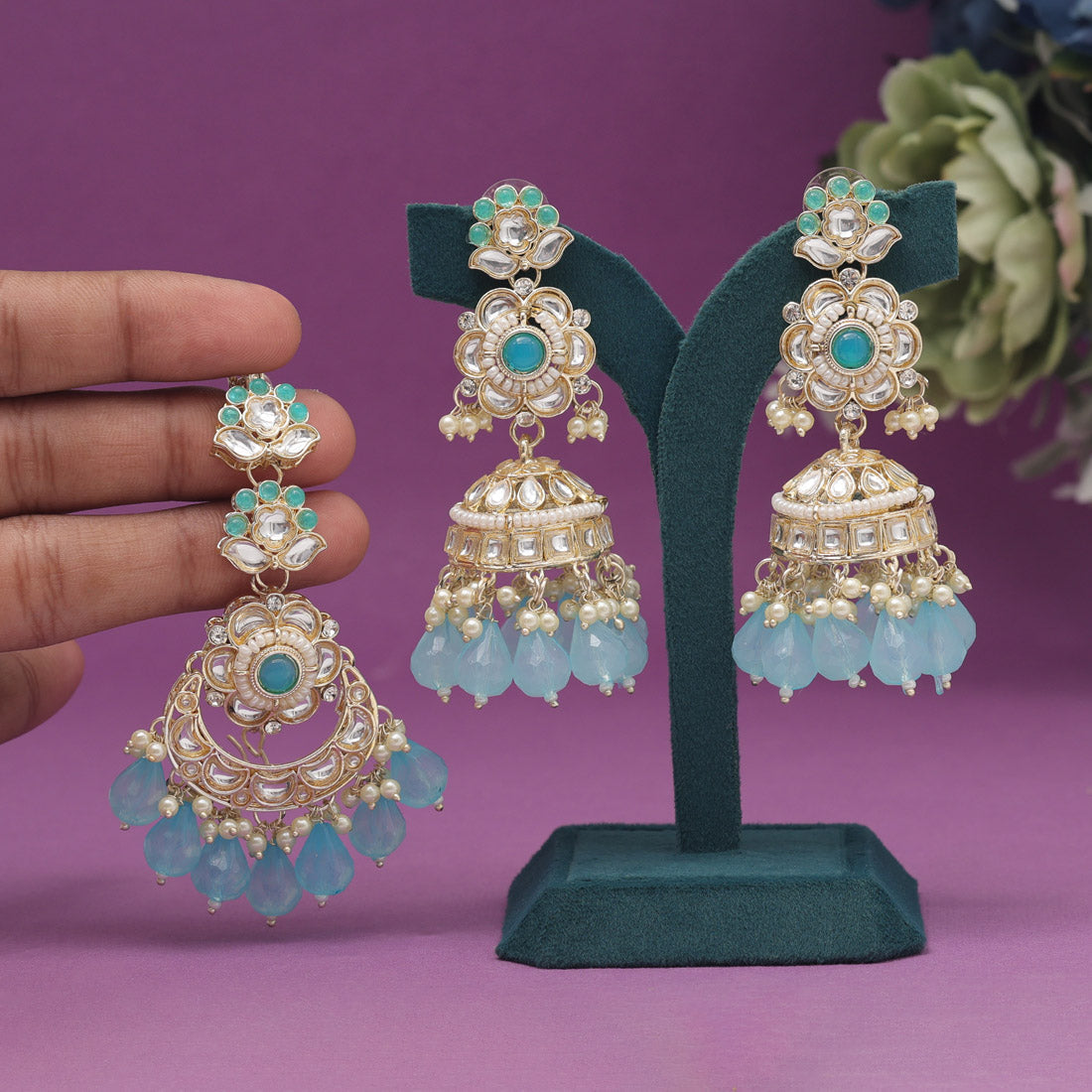 Sky Blue Color Kundan Earrings With Maang Tikka (KDTE558SBLU) - preyans.com