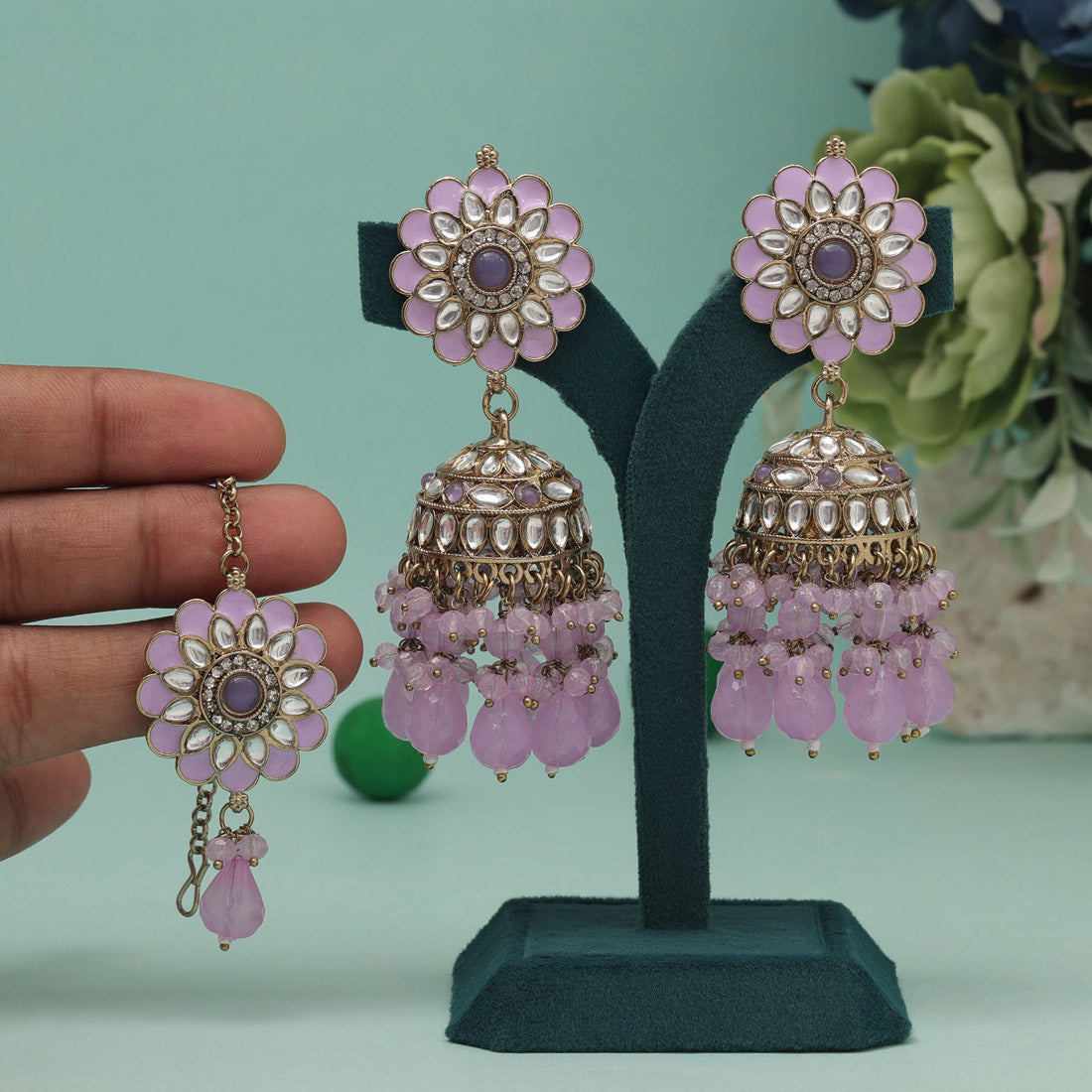 Light Purple Color Kundan Earrings With Maang Tikka (KDTE559LPRP) - preyans.com