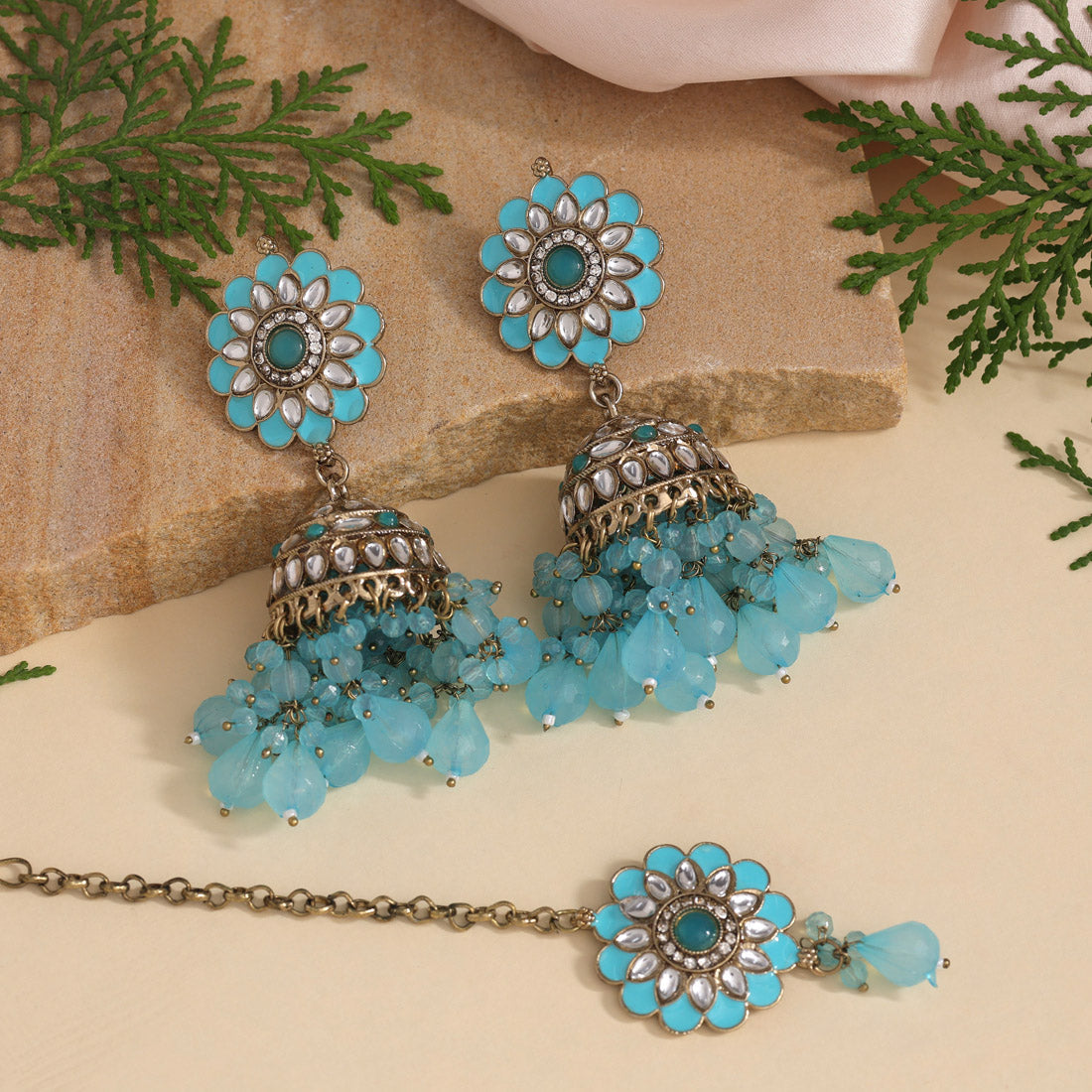 Sky Blue Color Kundan Earrings With Maang Tikka (KDTE559SBLU) - preyans.com