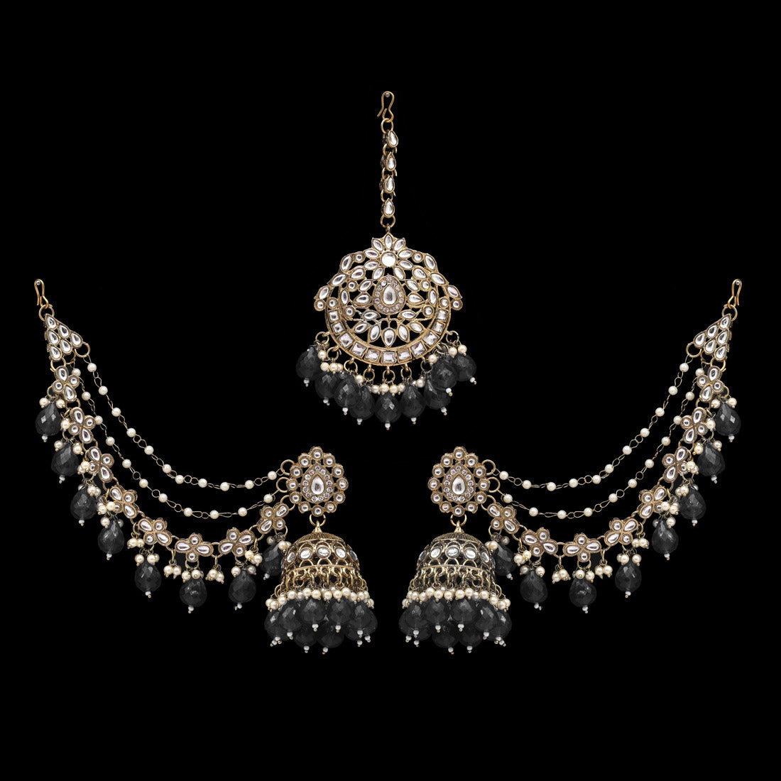 Black Color Kundan Earrings With Maang Tikka (KDTE560BLK) - preyans.com