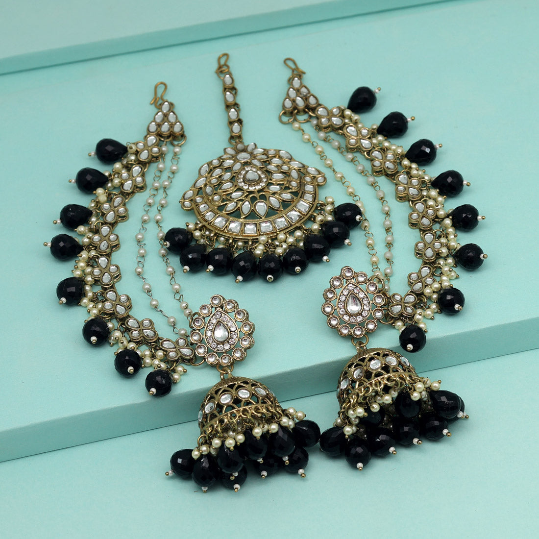 Black Color Kundan Earrings With Maang Tikka (KDTE560BLK) - preyans.com