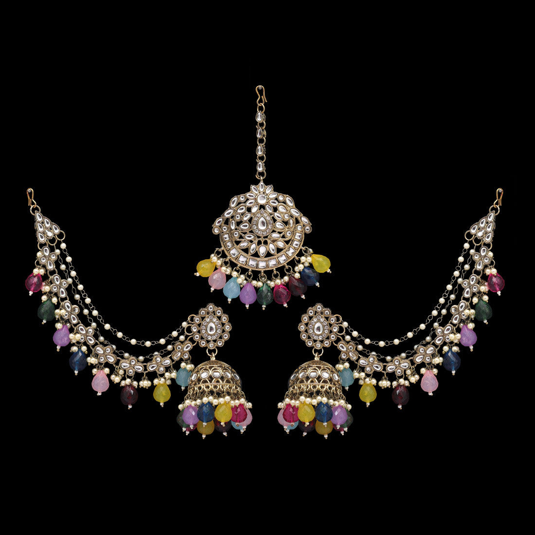 Multi Color Kundan Earrings With Maang Tikka (KDTE560MLT) - preyans.com