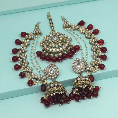 Maroon Color Kundan Earrings With Maang Tikka (KDTE560MRN) - preyans.com