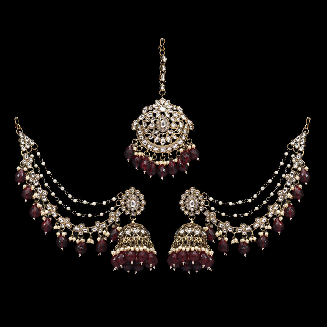 Maroon Color Kundan Earrings With Maang Tikka (KDTE560MRN) - preyans.com