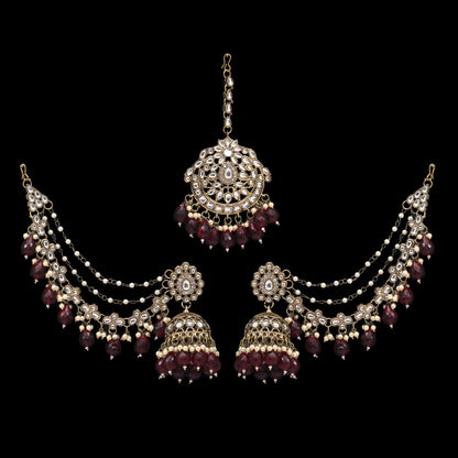 Maroon Color Kundan Earrings With Maang Tikka (KDTE560MRN) - preyans.com