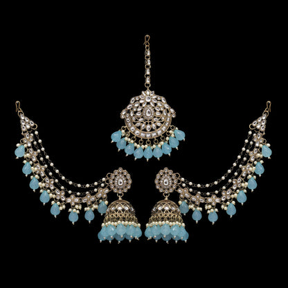 Sky Blue Color Kundan Earrings With Maang Tikka (KDTE560SBLU) - preyans.com