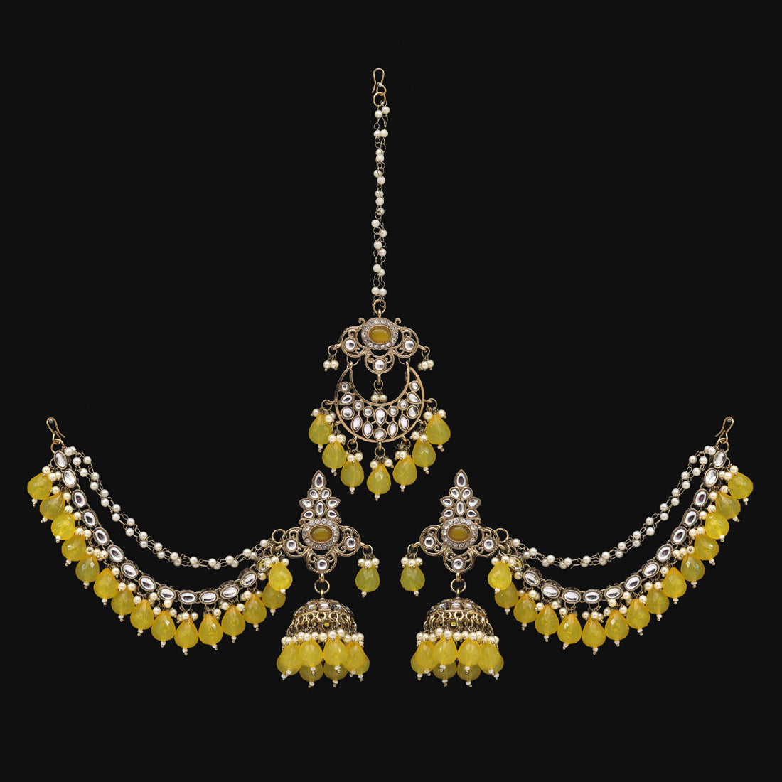 Yellow Color Kundan Earrings With Maang Tikka (KDTE561YLW) - preyans.com