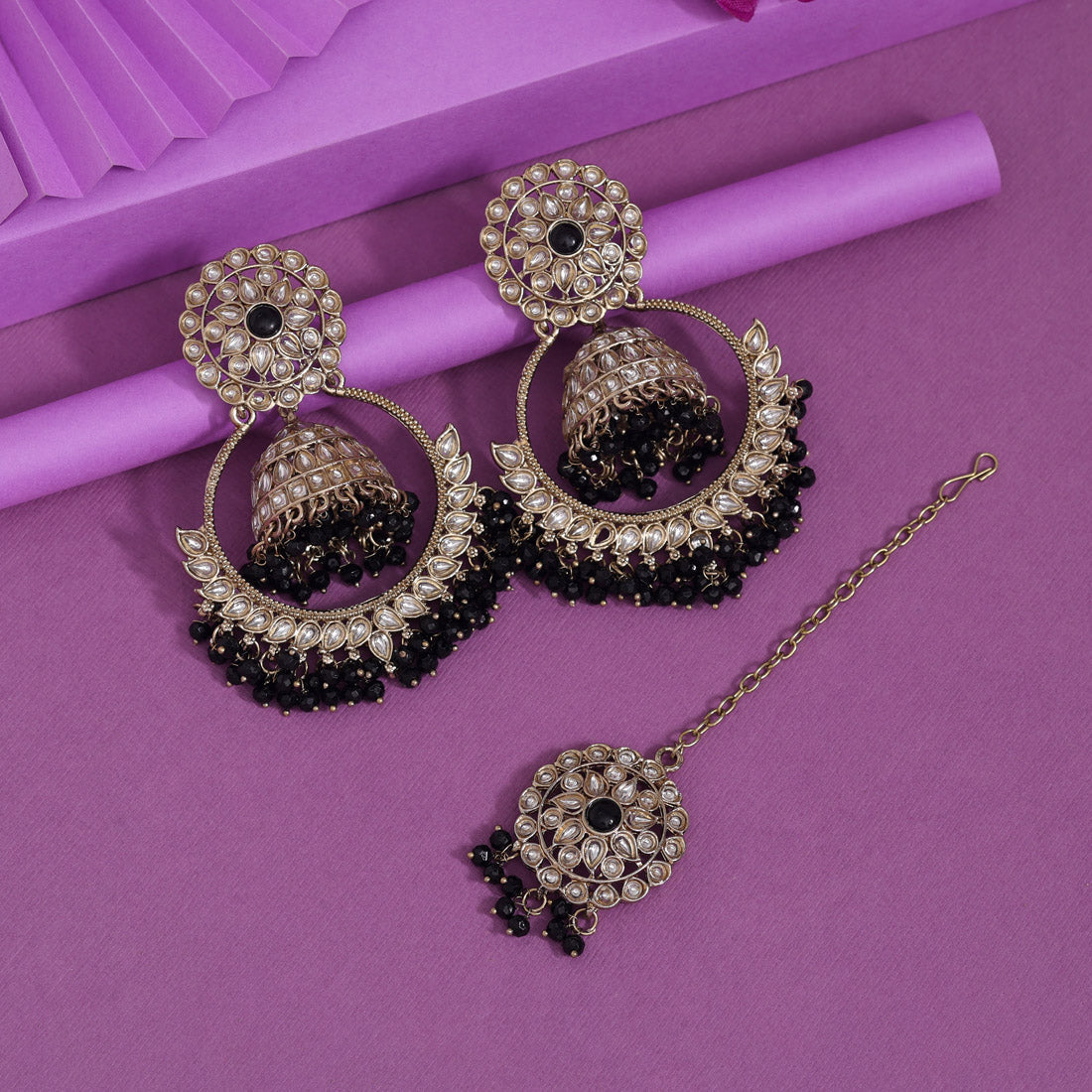 Black Color Kundan Earrings With Maang Tikka (KDTE562BLK) - preyans.com