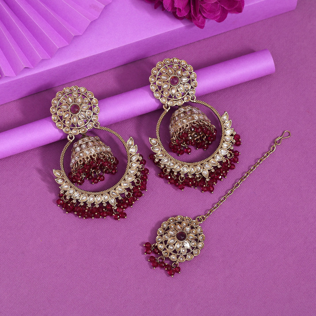 Magenta Color Kundan Earrings With Maang Tikka (KDTE562MNT) - preyans.com