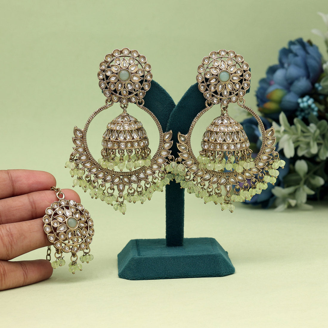 Pista Green Color Kundan Earrings With Maang Tikka (KDTE562PGRN) - preyans.com