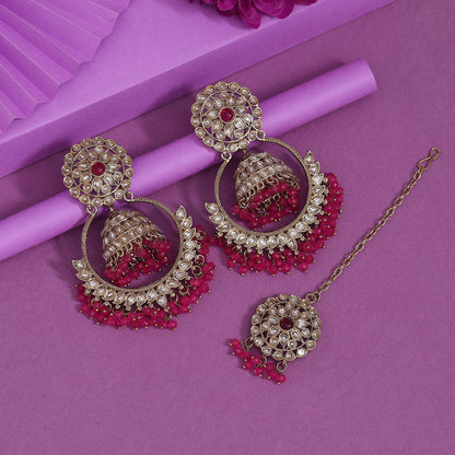 Rani Color Kundan Earrings With Maang Tikka (KDTE562RNI) - preyans.com