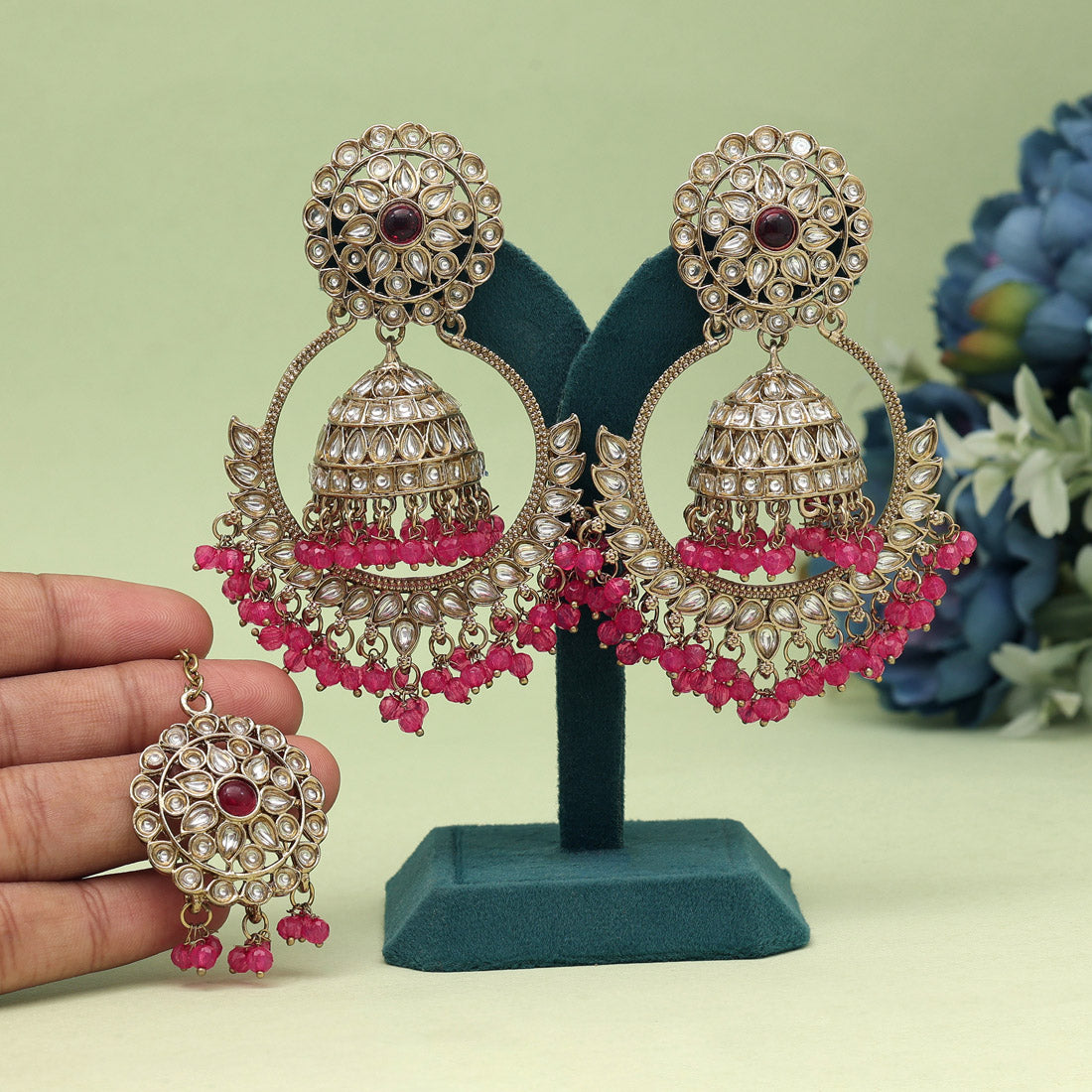 Rani Color Kundan Earrings With Maang Tikka (KDTE562RNI) - preyans.com