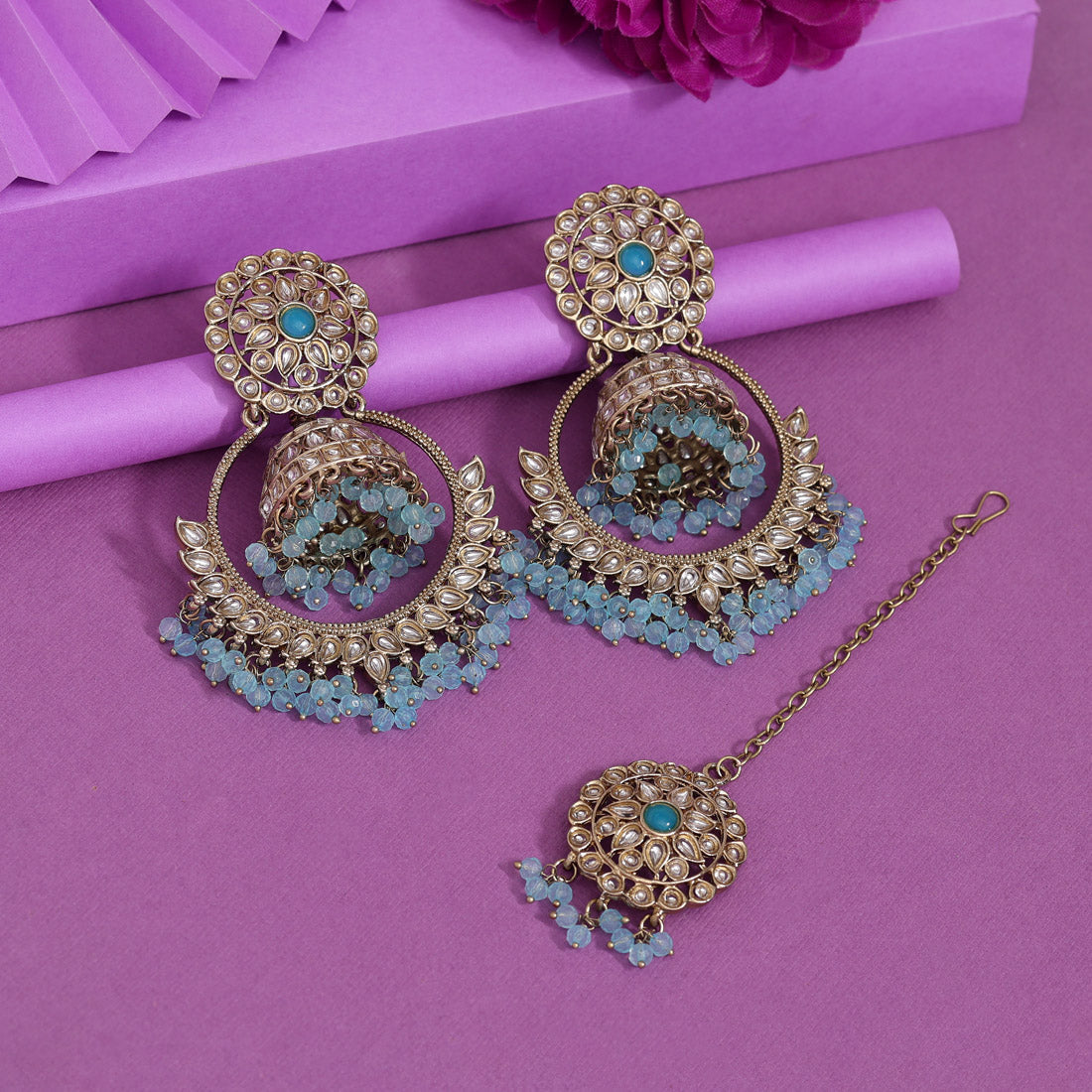 Sky Blue Color Kundan Earrings With Maang Tikka (KDTE562SBLU) - preyans.com