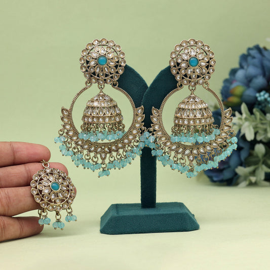 Sky Blue Color Kundan Earrings With Maang Tikka (KDTE562SBLU) - preyans.com