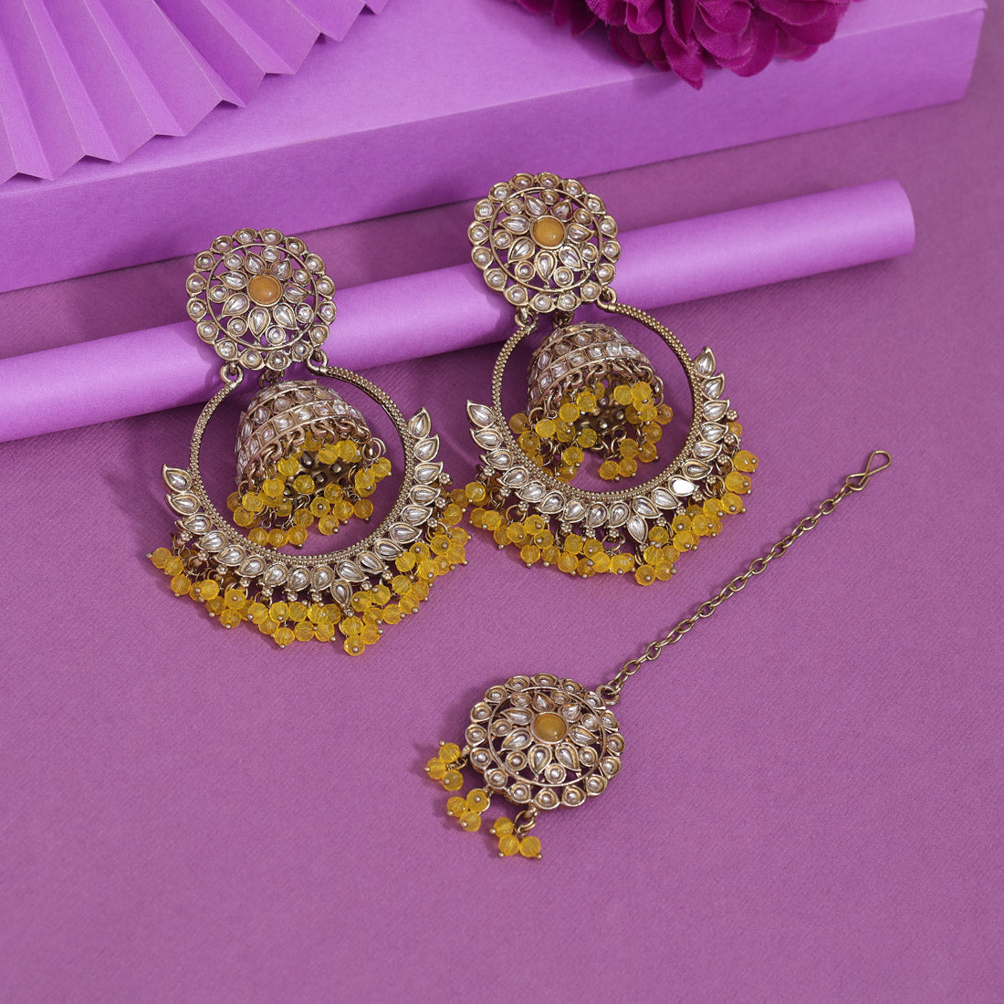 Yellow Color Kundan Earrings With Maang Tikka (KDTE562YLW) - preyans.com