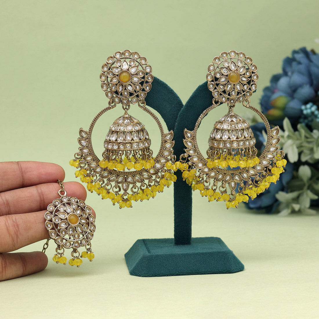 Yellow Color Kundan Earrings With Maang Tikka (KDTE562YLW) - preyans.com