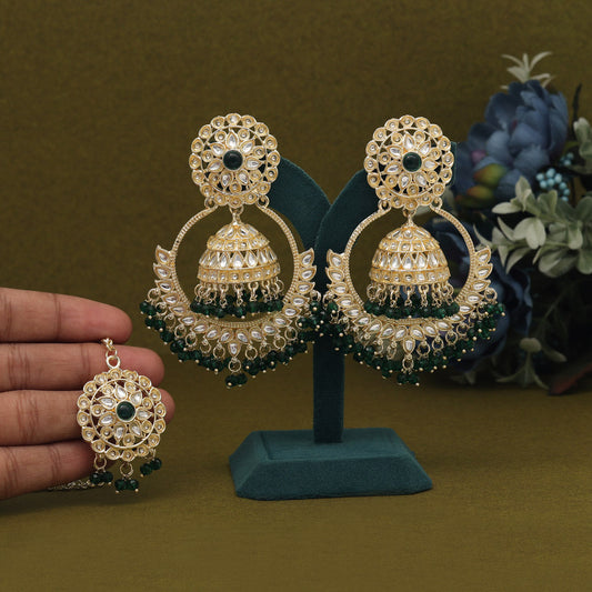 Green Color Kundan Earrings With Maang Tikka (KDTE563GRN) - preyans.com