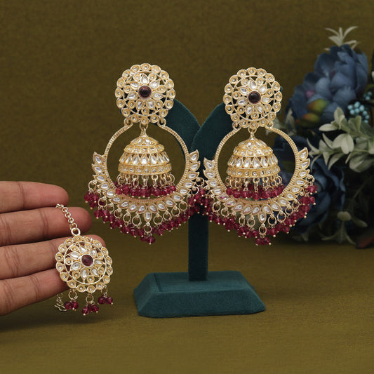 Magenta Color Kundan Earrings With Maang Tikka (KDTE563MNT) - preyans.com